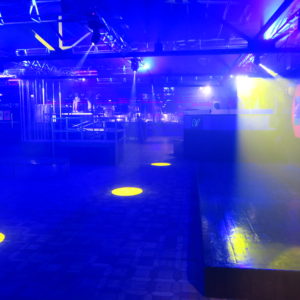 Blue wash lights and yellow moving heads with haze at Wayside Central - DMX lighting installation